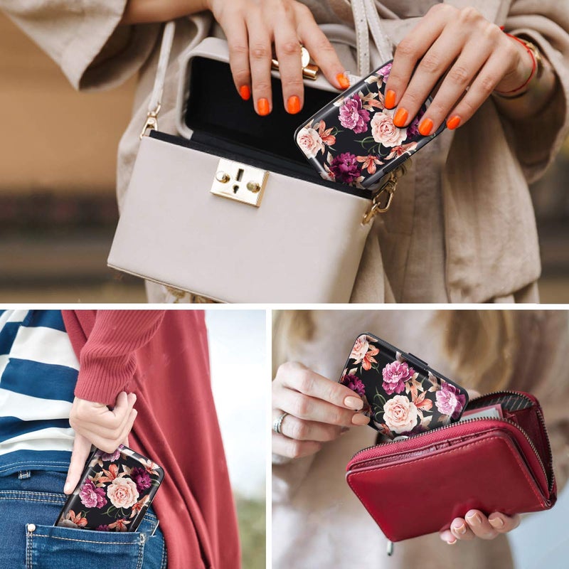 Coco Rossi Mini Credit Card Holder for Women,RFID Blocking Slim Hard Card Case ID Case Travel Wallet Black Rose Flowers - Image 5